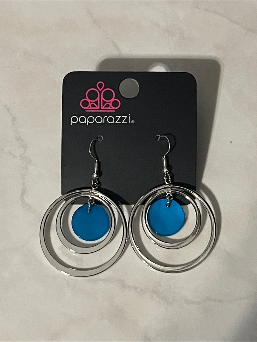 Paparazzi Silver Double Hoop Earrings with Bright Blue Disc